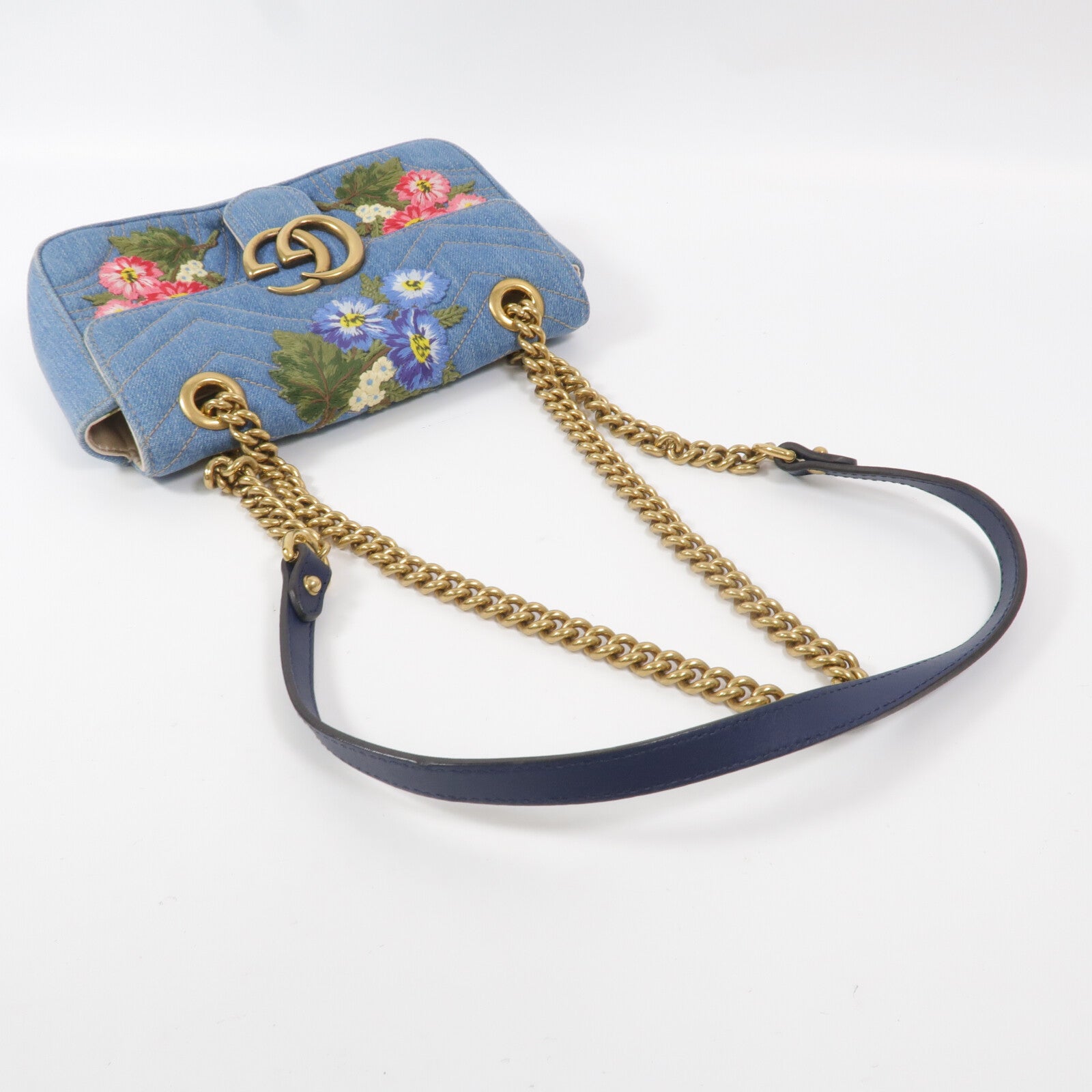 GUCCI 牛仔布GG Marmont鏈帶肩背袋