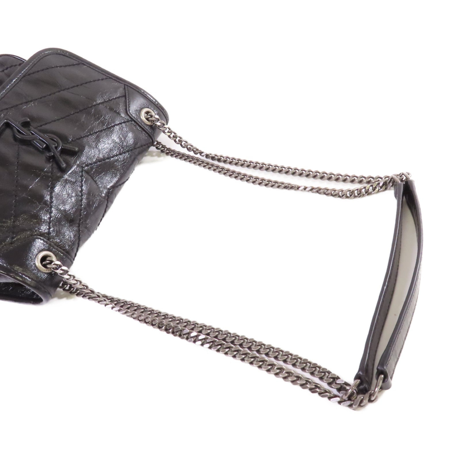 SAINT LAURENT 斜紋皮革Niki Baby Chain Shoulder Bag銀扣鏈帶肩背袋黑色