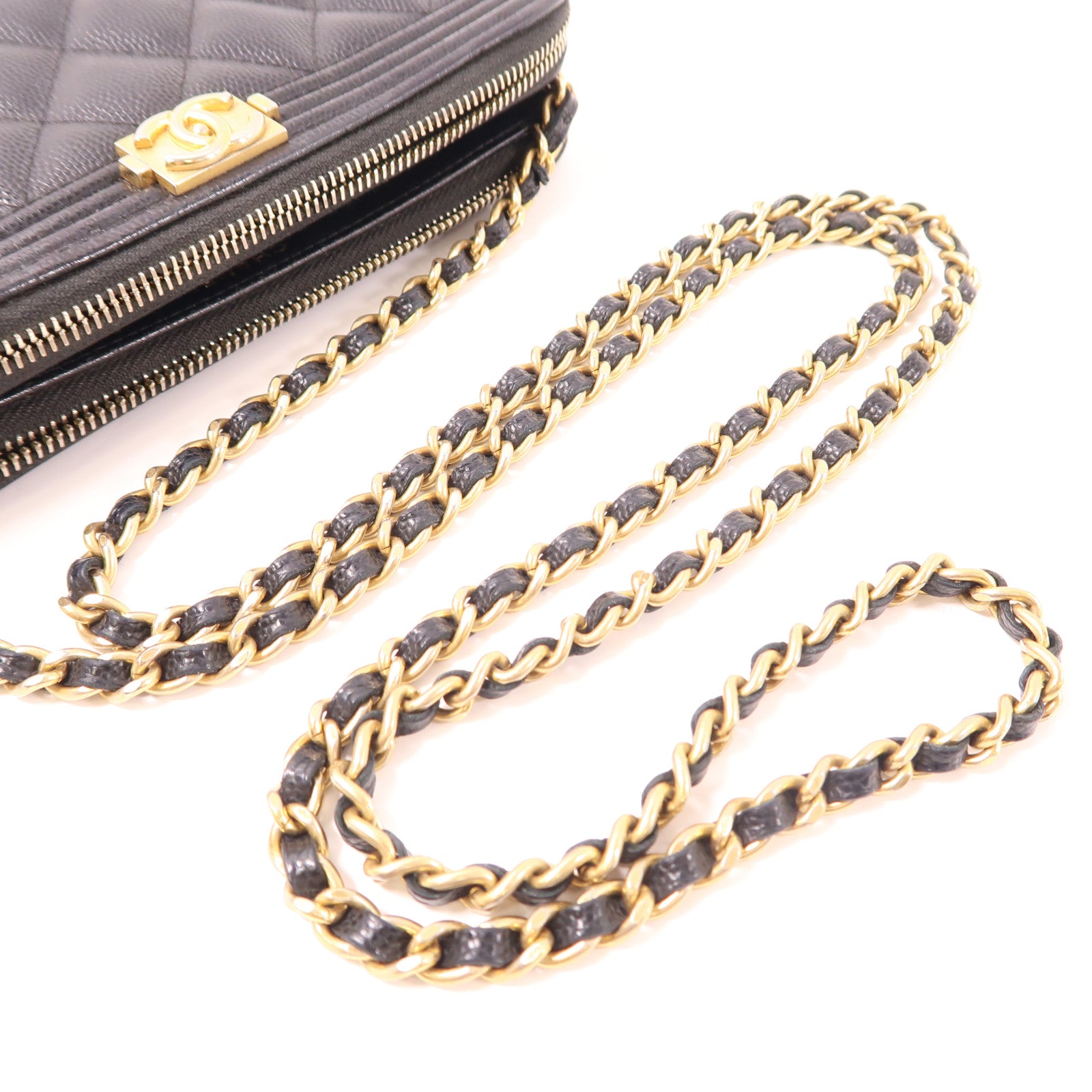 CHANEL 牛皮皮革Boy Wallet On Chain金扣鏈帶肩背袋黑色