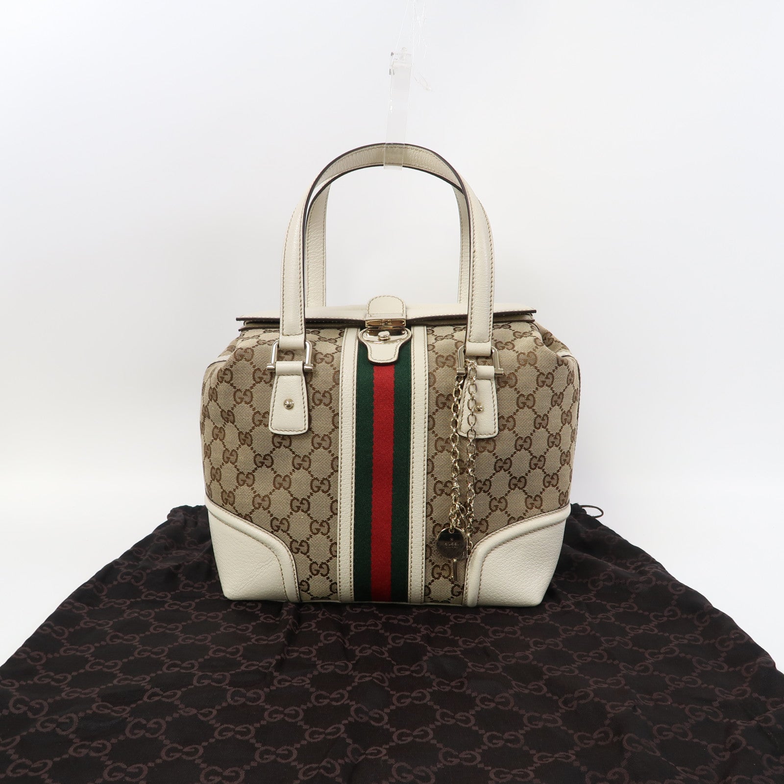 GUCCI 帆布/皮革Hand Bag金扣手挽袋啡色/白色