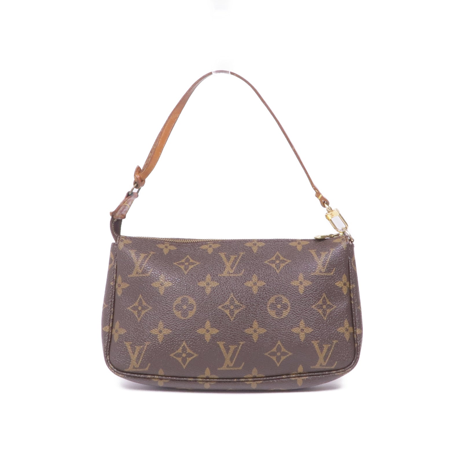 LOUIS VUITTON Monogram Pochette Accessoires金扣手挽袋棕色