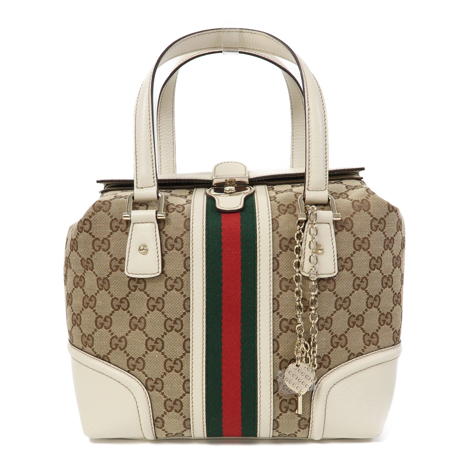 GUCCI 帆布/皮革Hand Bag金扣手挽袋啡色/白色