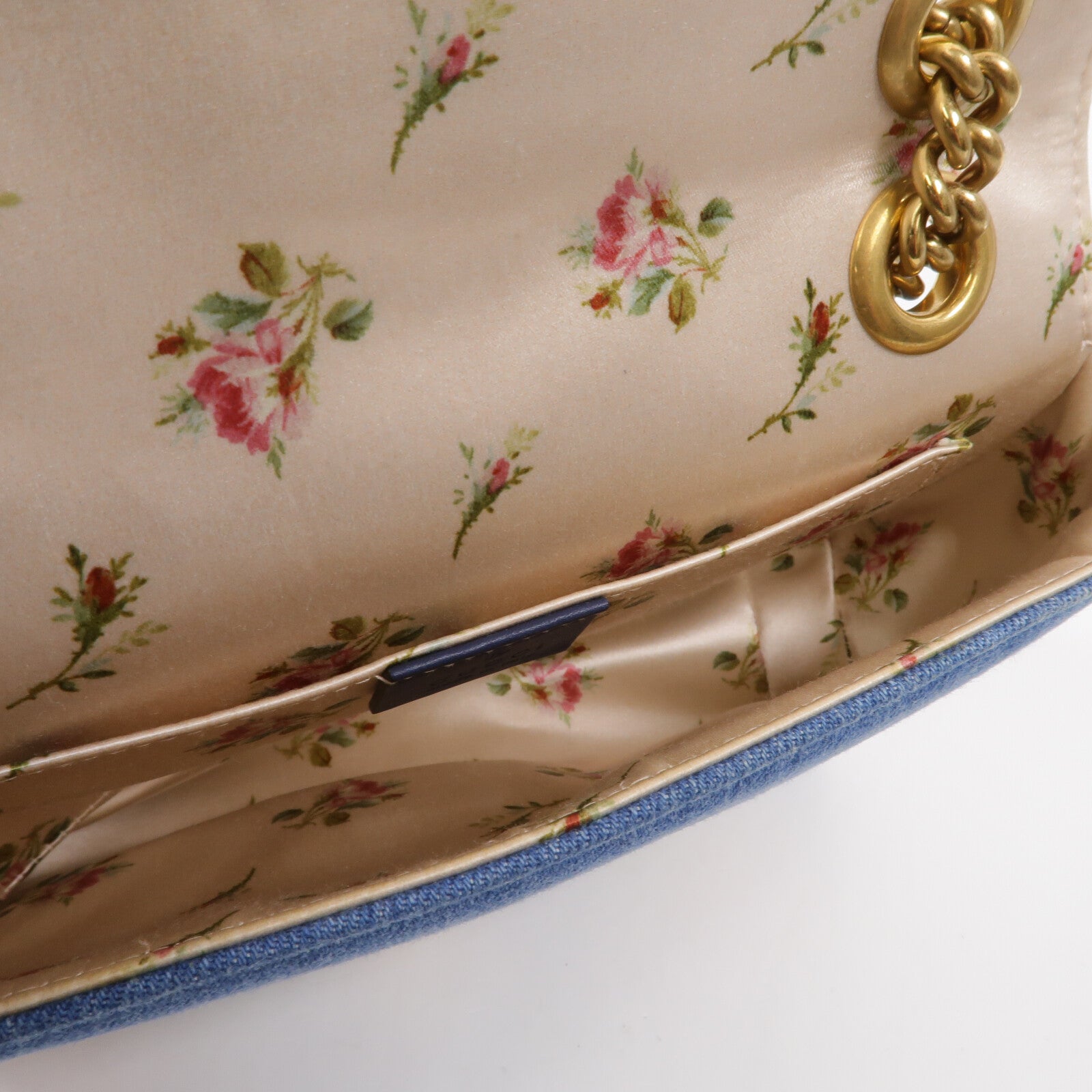 GUCCI 牛仔布GG Marmont鏈帶肩背袋