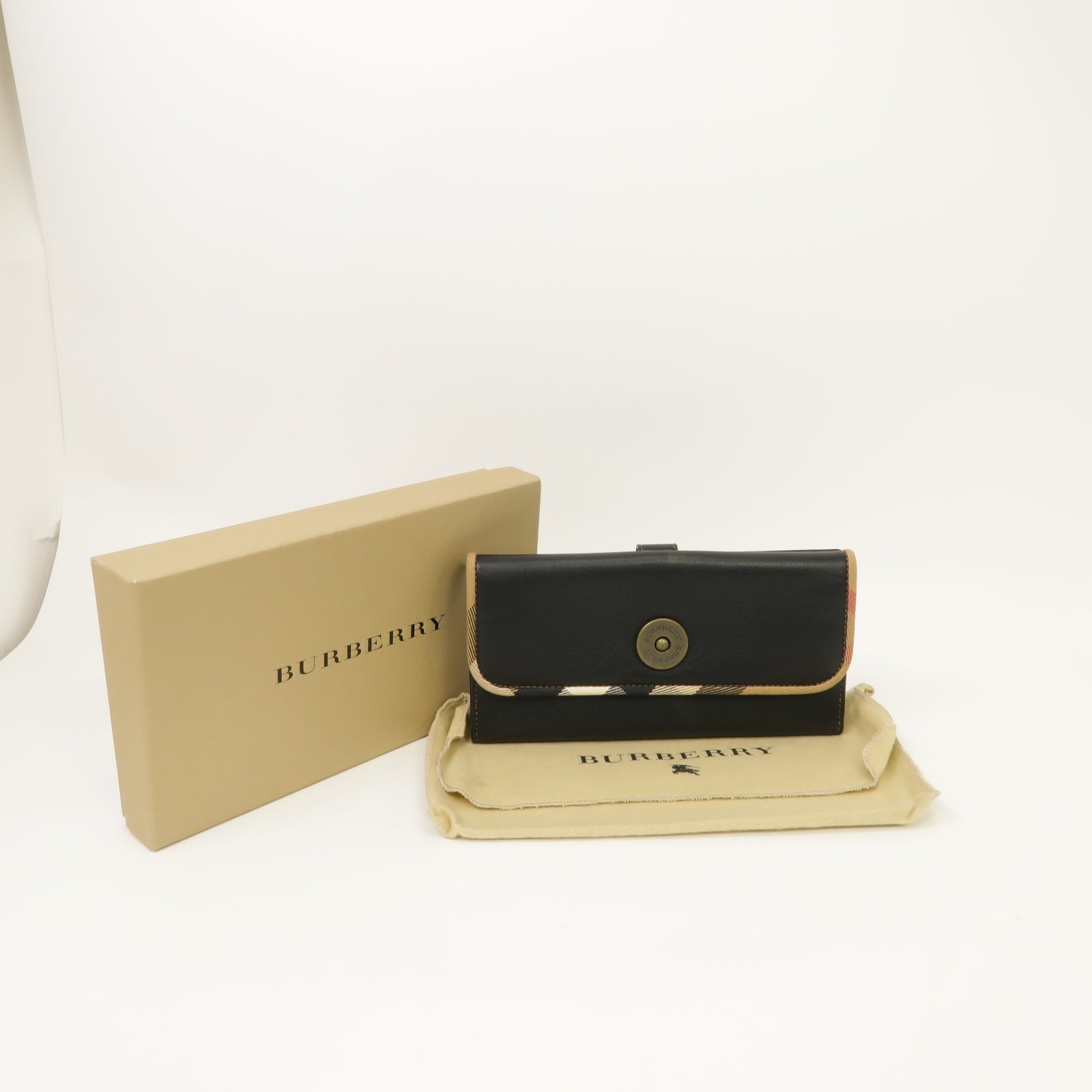 BURBERRY 【激減優惠】牛皮皮革Wallet金扣啪鈕長錢包黑色