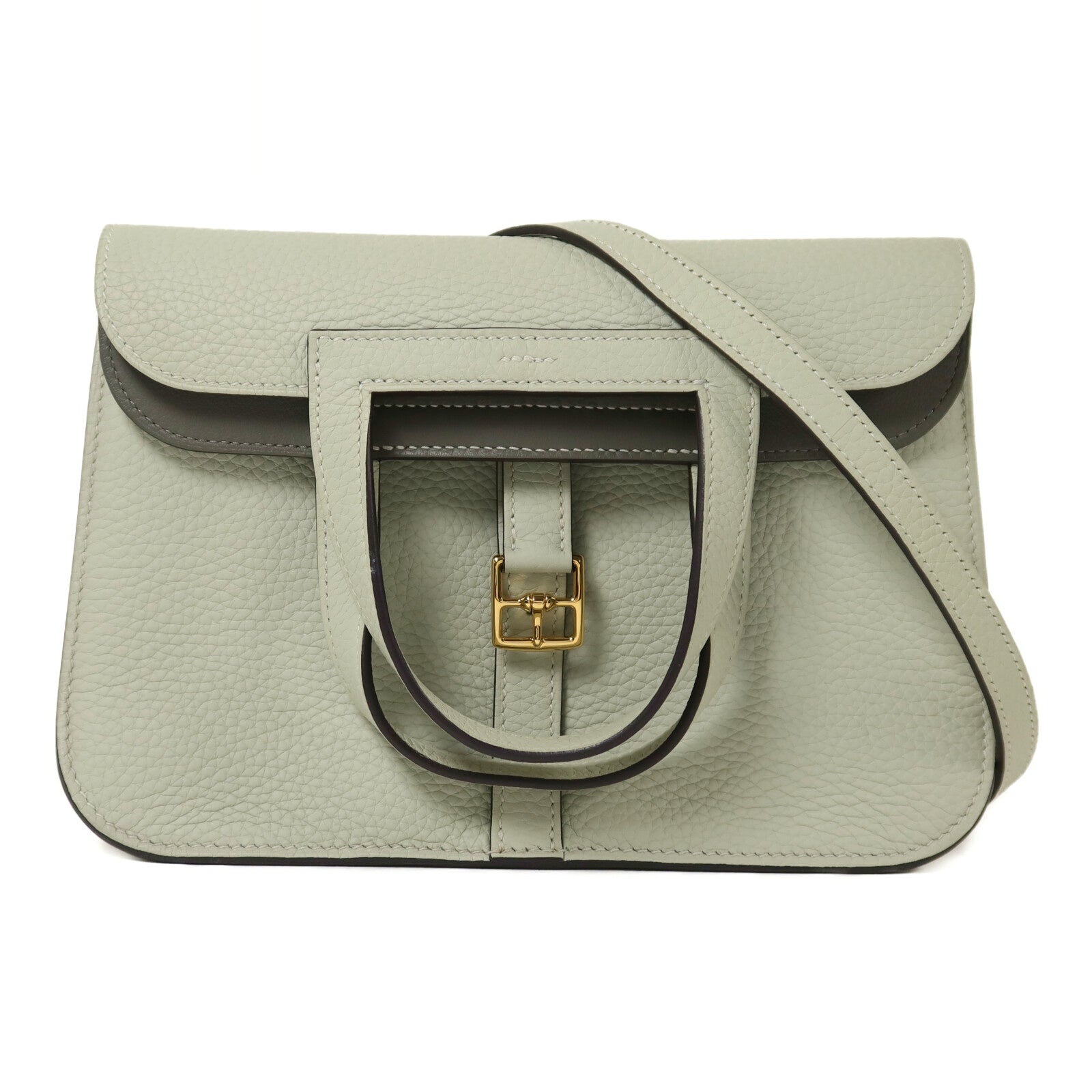HERMES Clemence皮革Halzan 25金扣手挽肩背兩用袋Gris Neve/Gris Meyer