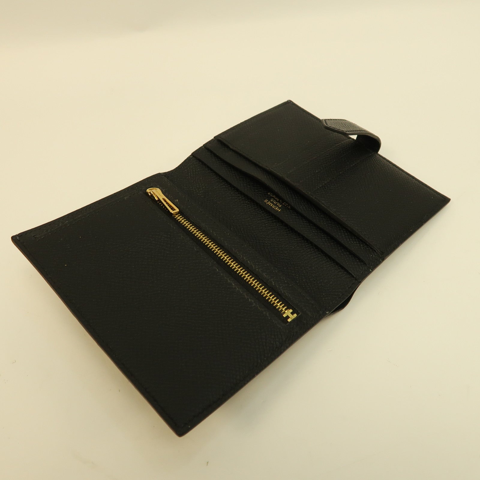 HERMES Epsom皮革Bearn Compact Wallet金扣錢包黑色