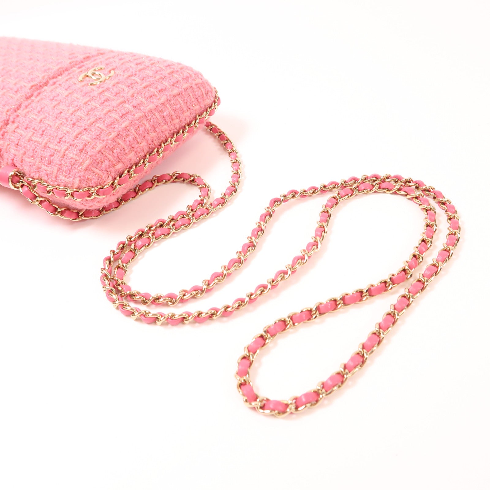 CHANEL 斜紋軟呢Phone Bag金扣鏈帶肩背袋