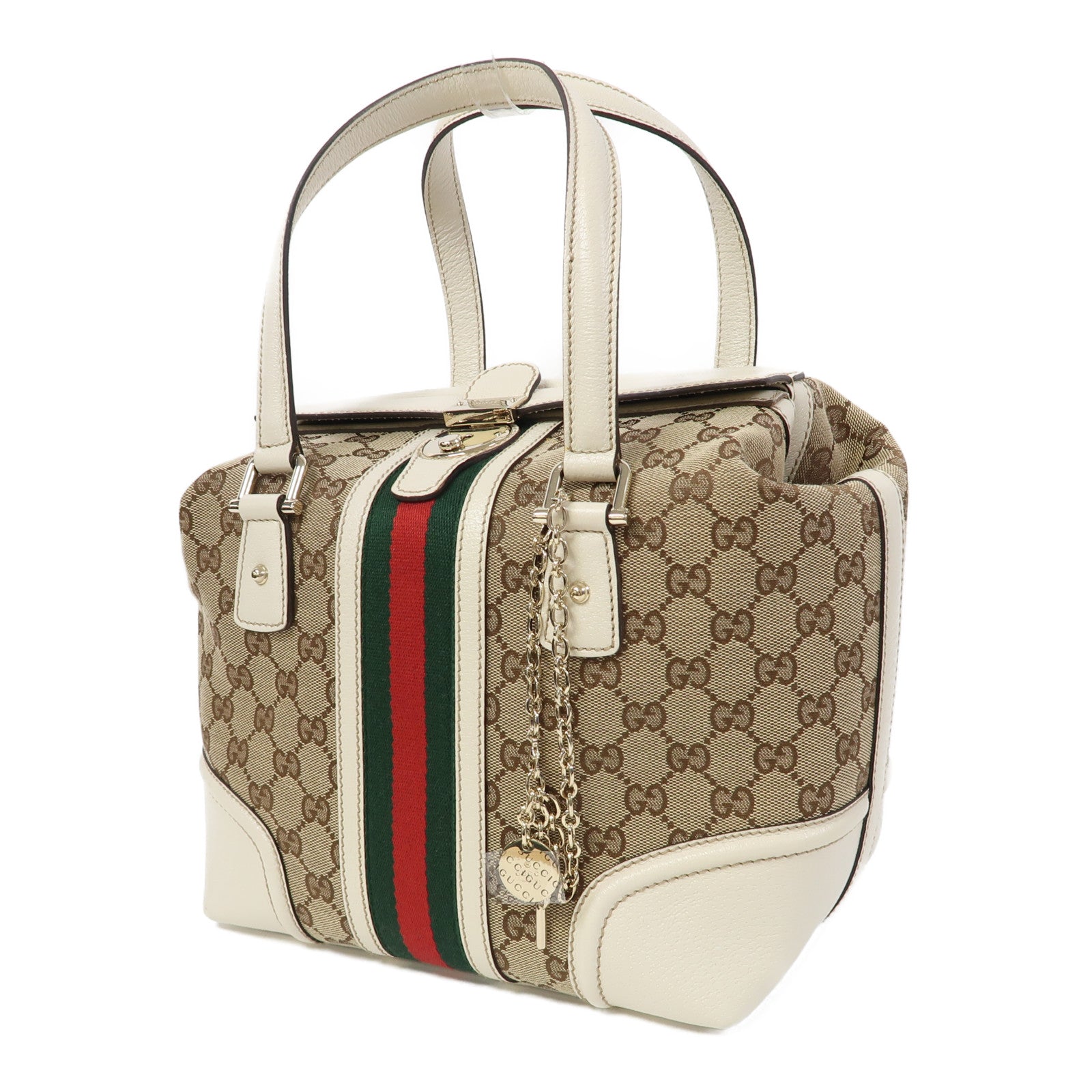 GUCCI 帆布/皮革Hand Bag金扣手挽袋啡色/白色