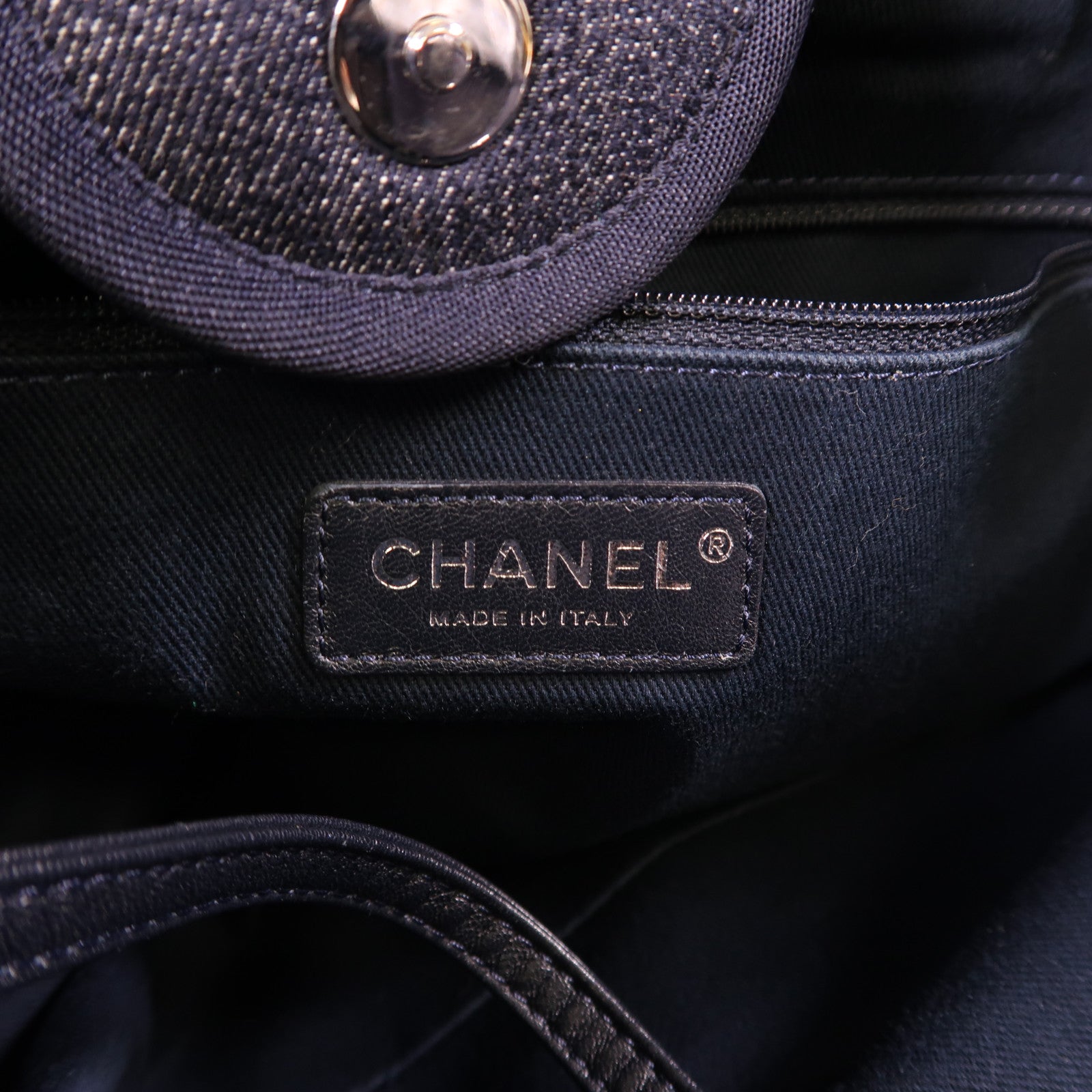 CHANEL 帆布Deauville MM銀扣鏈帶手挽肩背兩用袋