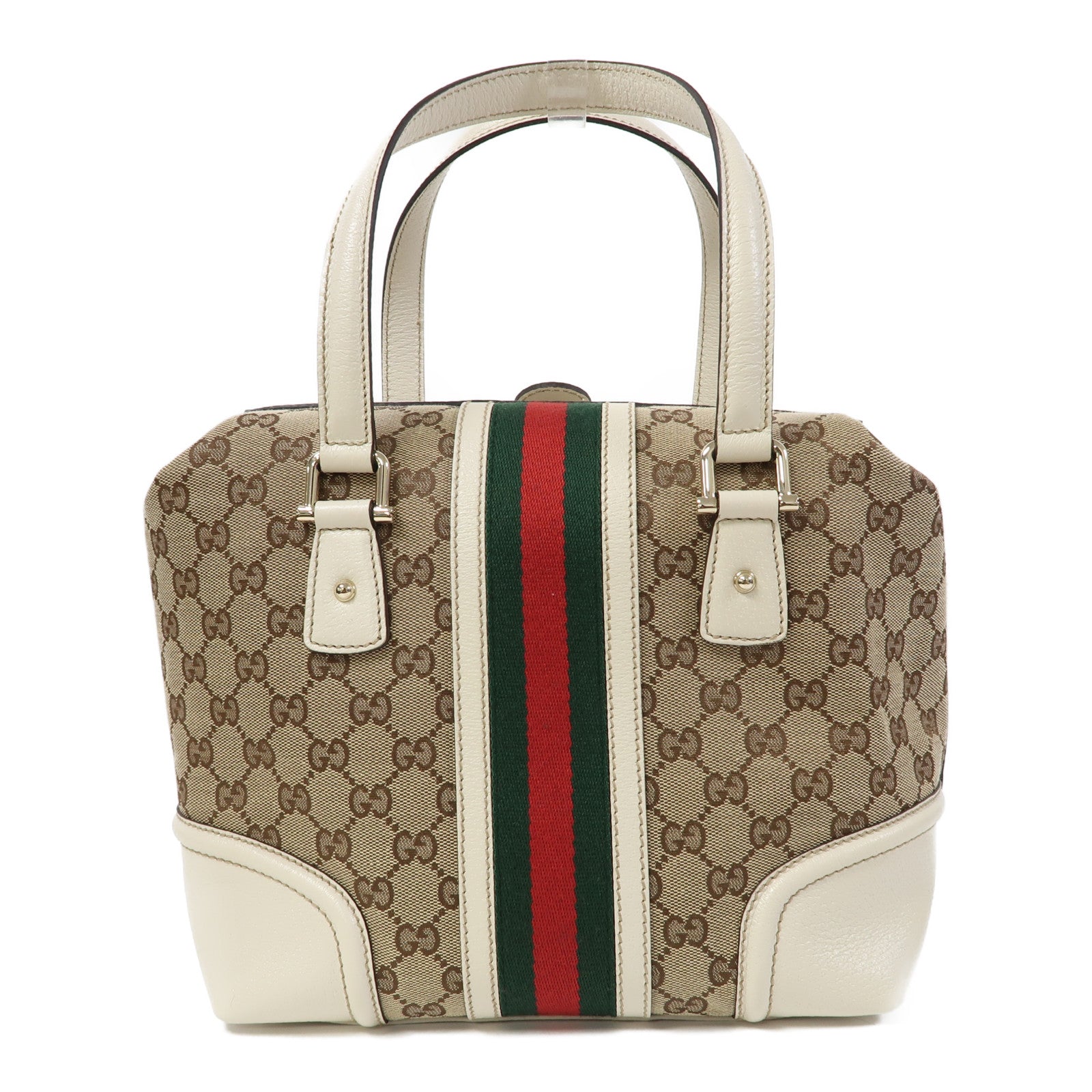 GUCCI 帆布/皮革Hand Bag金扣手挽袋啡色/白色