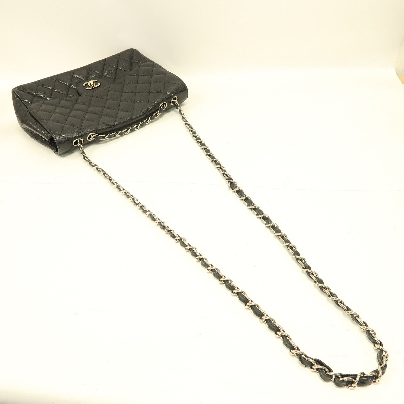 CHANEL 【激減優惠】菱格Caviar皮革Classic Jumbo銀扣鏈帶肩背袋黑色