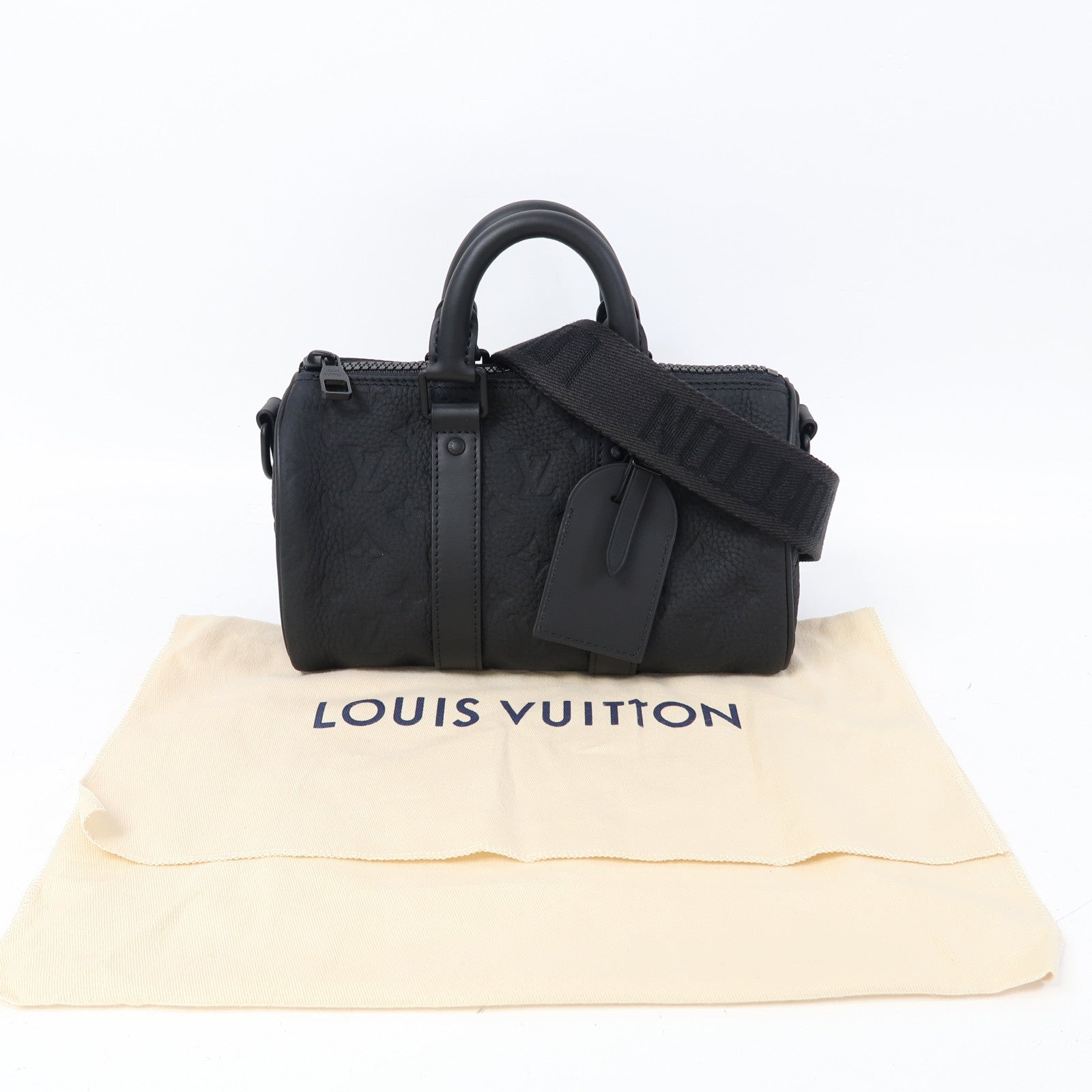 LOUIS VUITTON Monogram Taurillon Leather Keepall Bandoulière 25手挽肩背兩用袋黑色