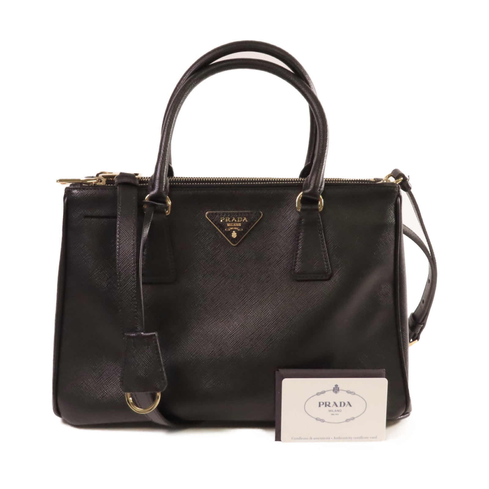 PRADA Saffiano Lux皮革Galleria 2Way Shoulder Bag金扣手挽肩背兩用袋黑色