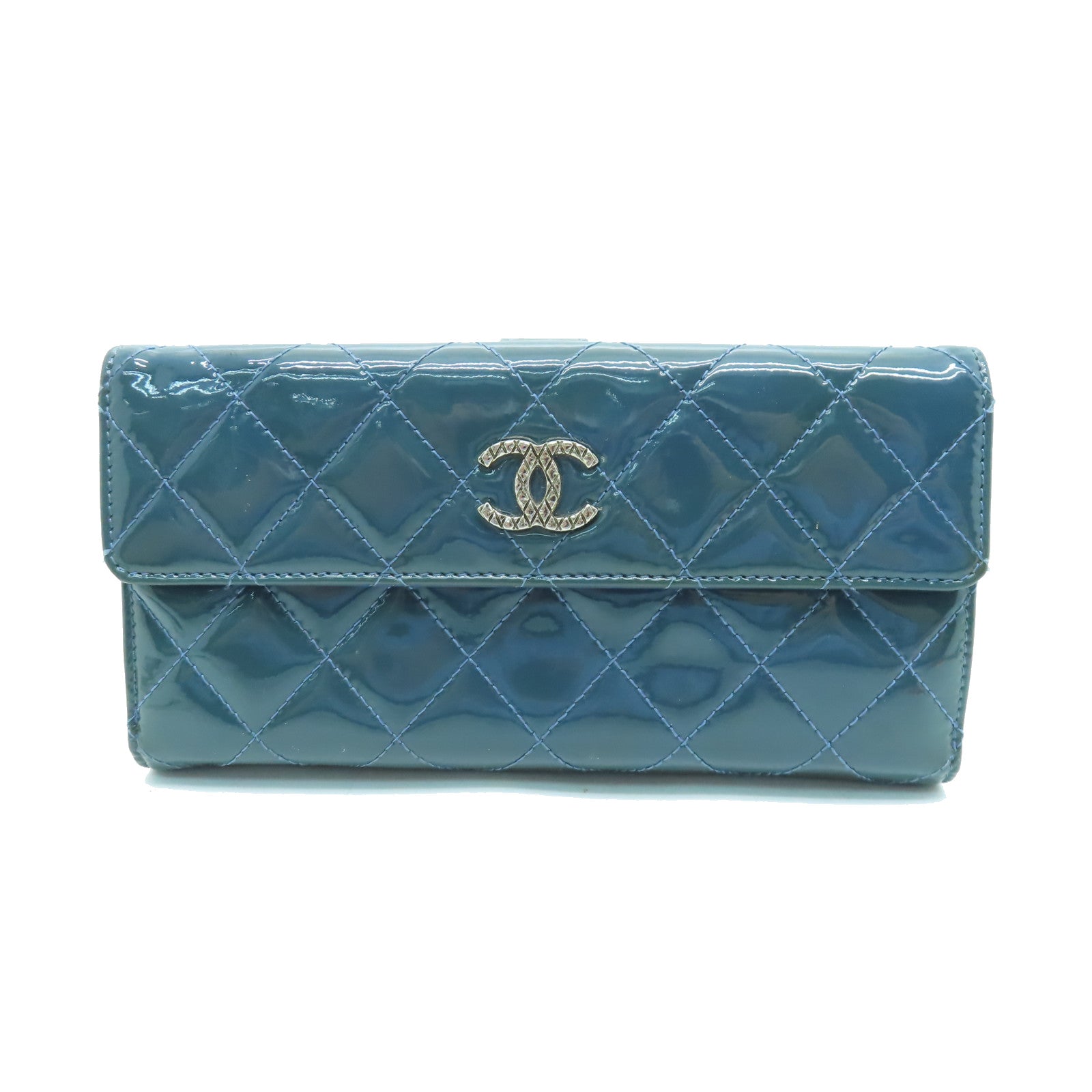 CHANEL 【激減優惠】菱格漆皮皮革Long Wallet金扣長錢包藍色