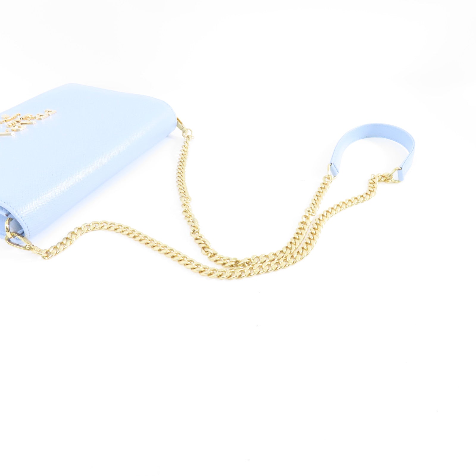PRADA Saffiano皮革Chain Shoulder Bag金扣鏈帶肩背袋淺藍色