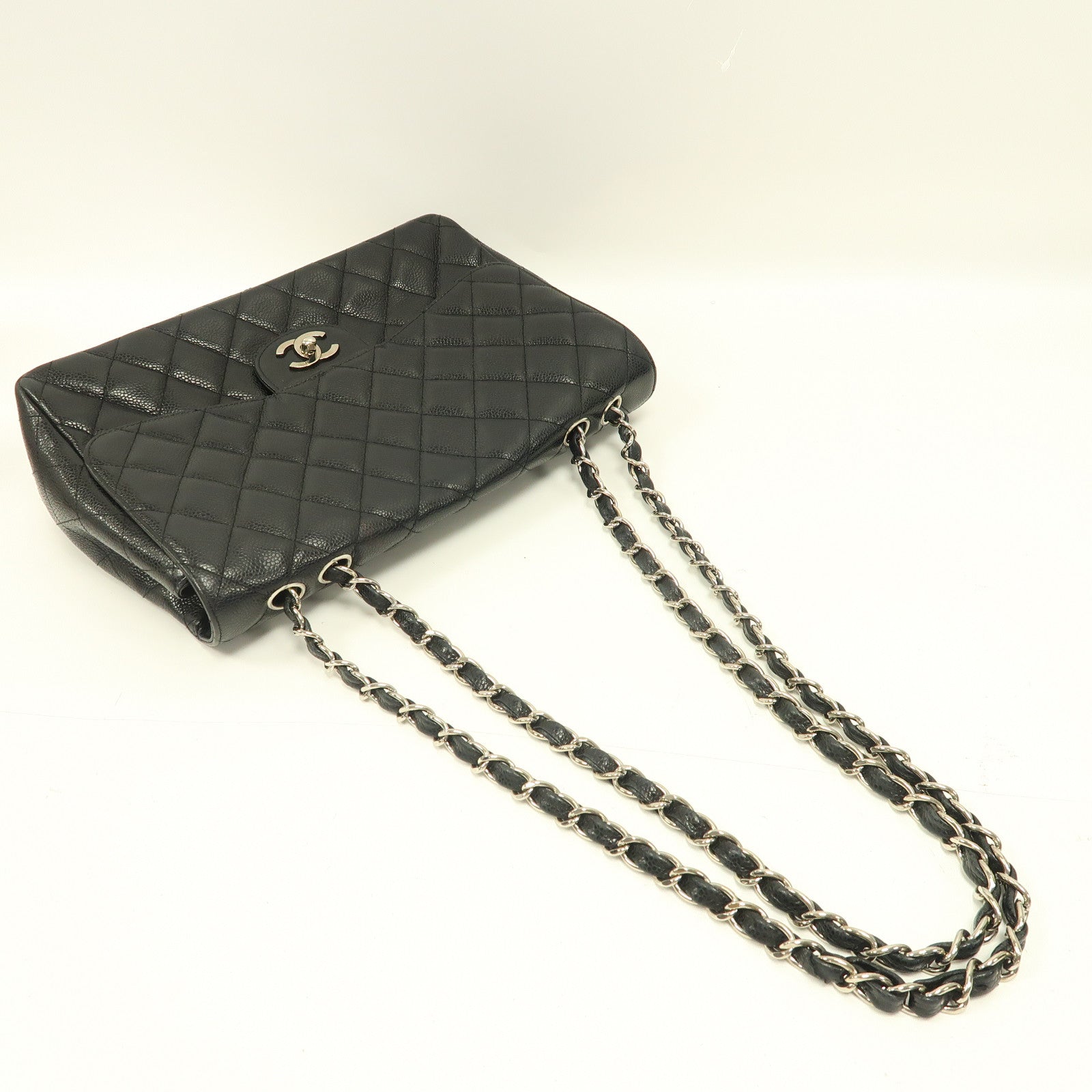 CHANEL 【激減優惠】菱格Caviar皮革Classic Jumbo銀扣鏈帶肩背袋黑色
