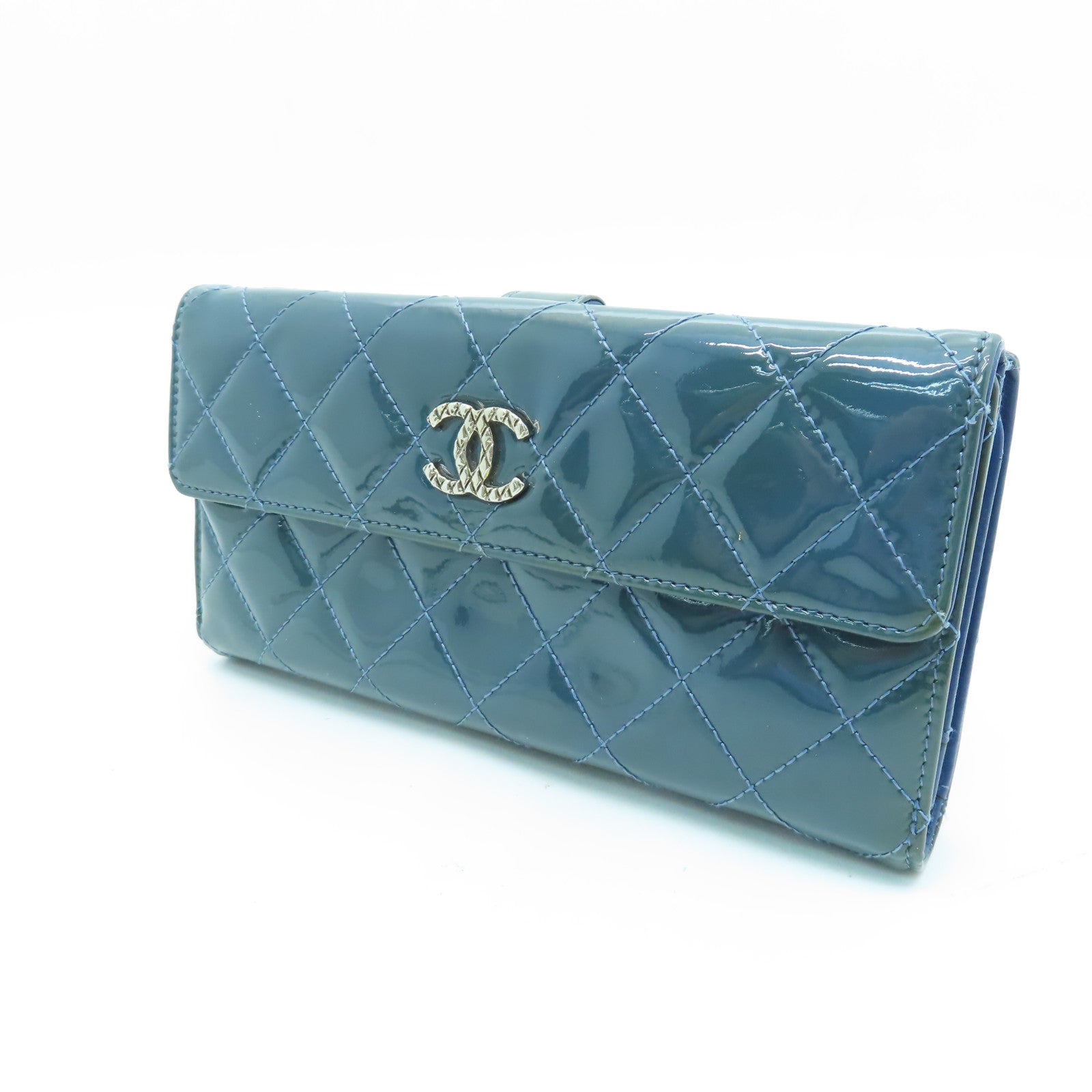 CHANEL 【激減優惠】菱格漆皮皮革Long Wallet金扣長錢包藍色