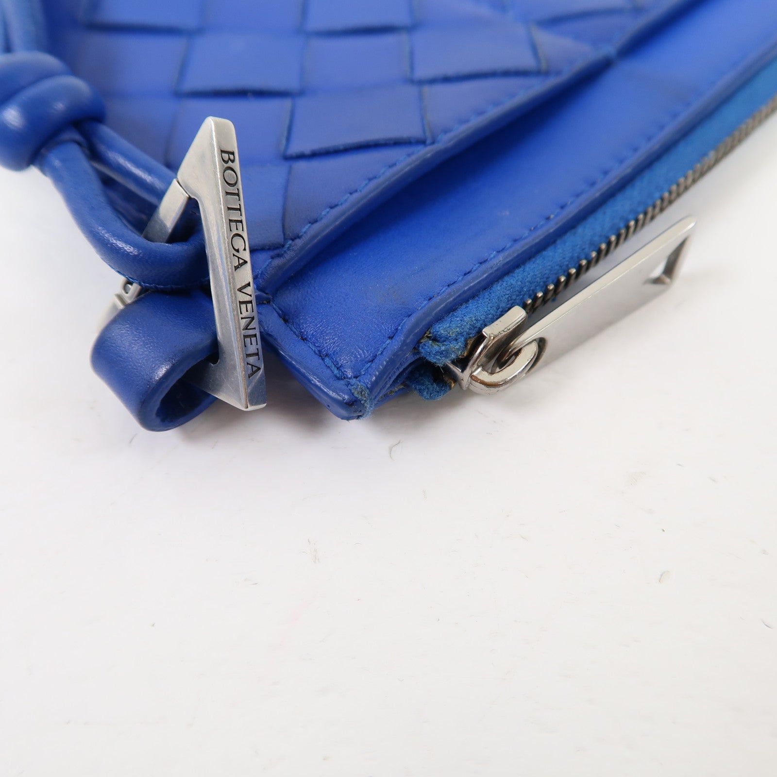 BOTTEGA VENETA 織紋皮革Zipper Wallet銀扣長錢包藍色