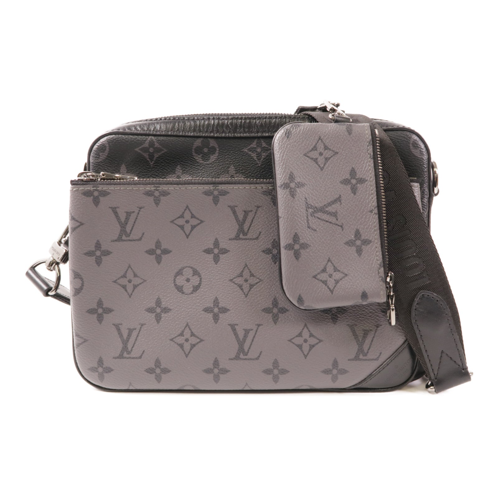 LOUIS VUITTON Monogram Eclipse Reverse Trio Messenger銀扣肩背袋灰色