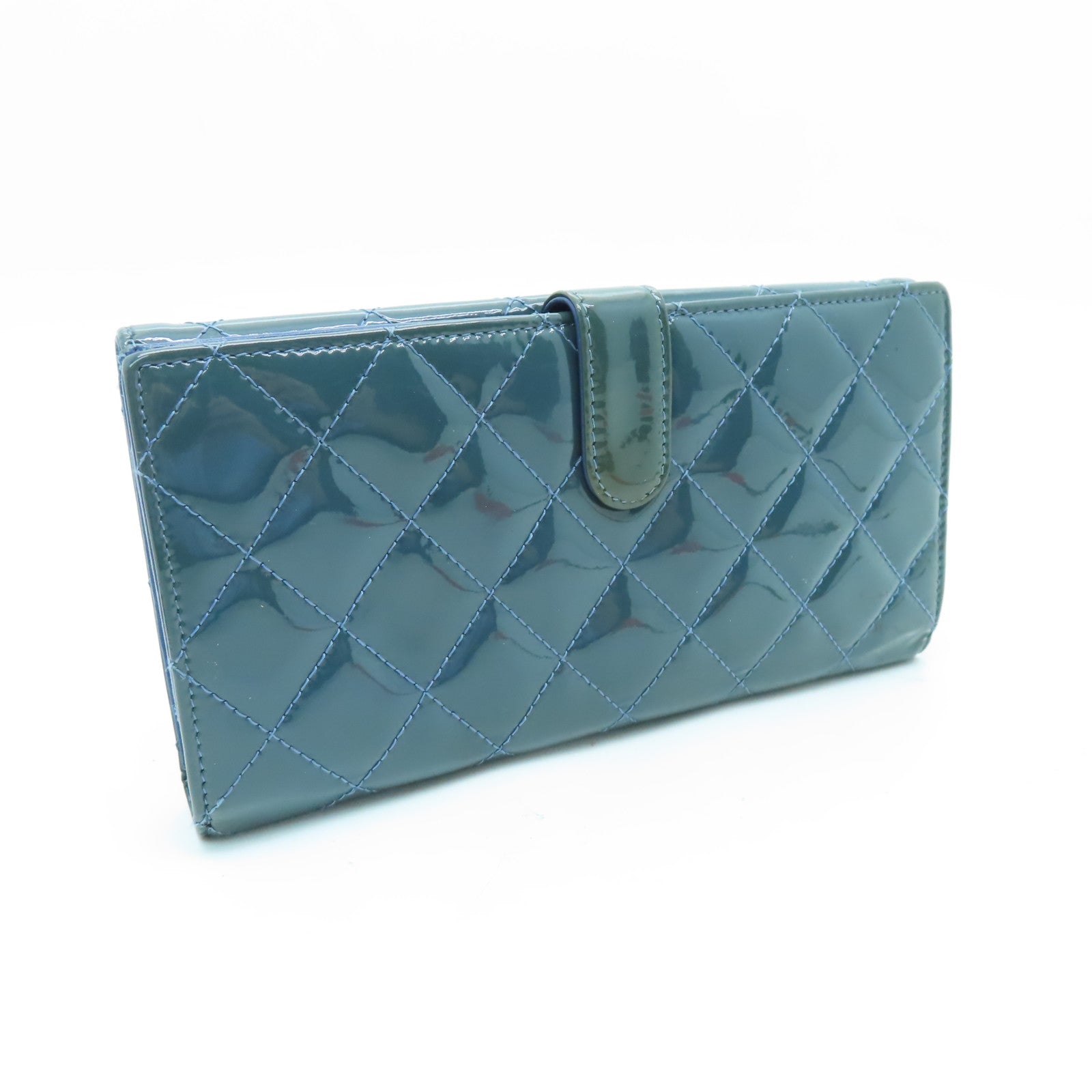 CHANEL 【激減優惠】菱格漆皮皮革Long Wallet金扣長錢包藍色