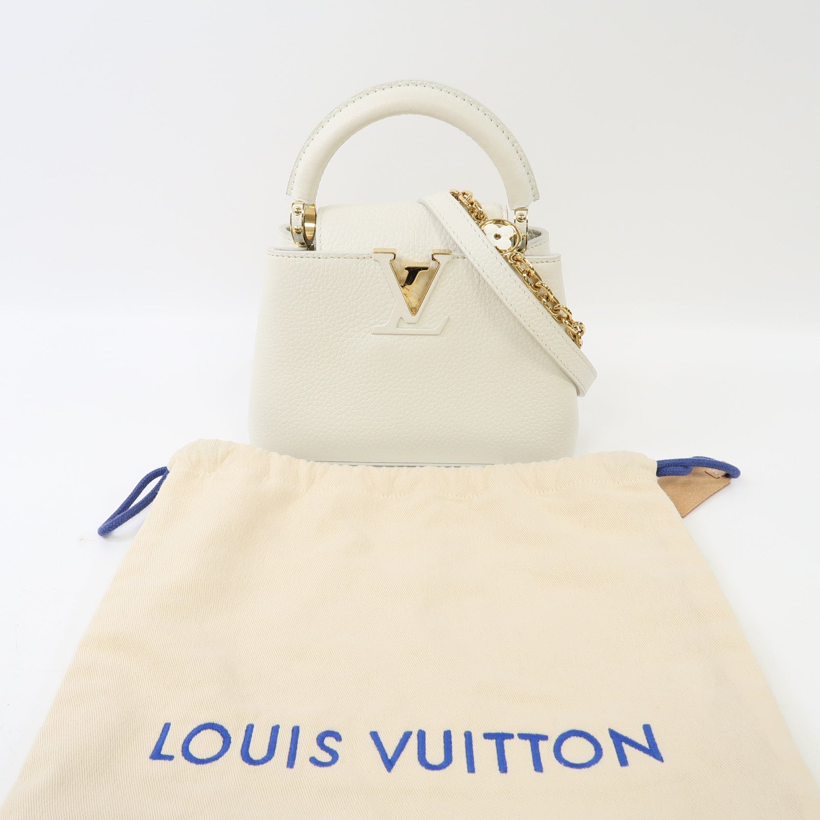 LOUIS VUITTON 牛皮皮革Capucines Mini金扣手挽肩背兩用袋白色