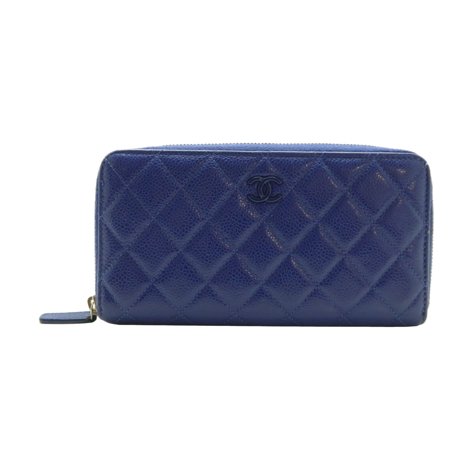 CHANEL 菱格Caviar皮革Long Wallet銀扣長錢包藍色