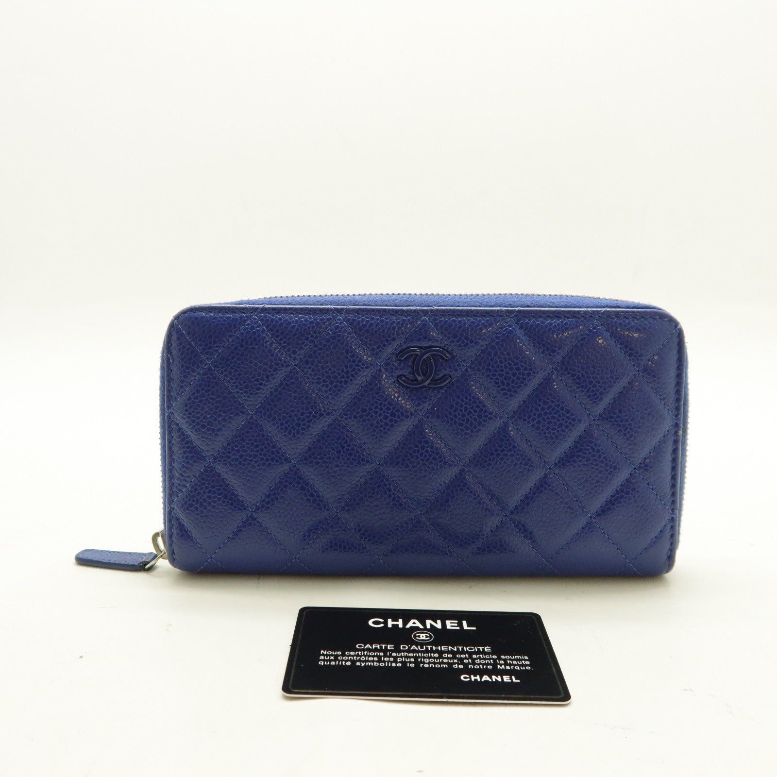 CHANEL 菱格Caviar皮革Long Wallet銀扣長錢包藍色