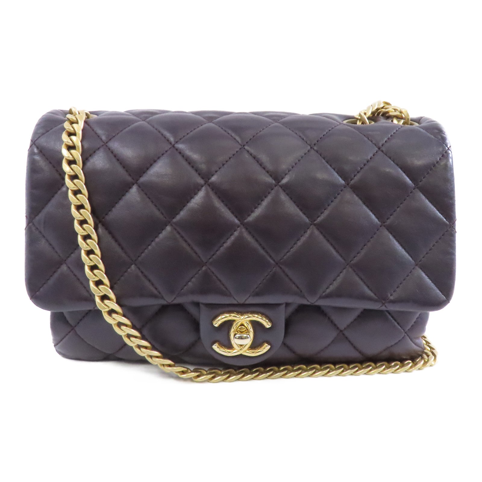 CHANEL 菱格羊皮皮革Chain Shoulder Bag金扣鏈帶肩背袋啡色