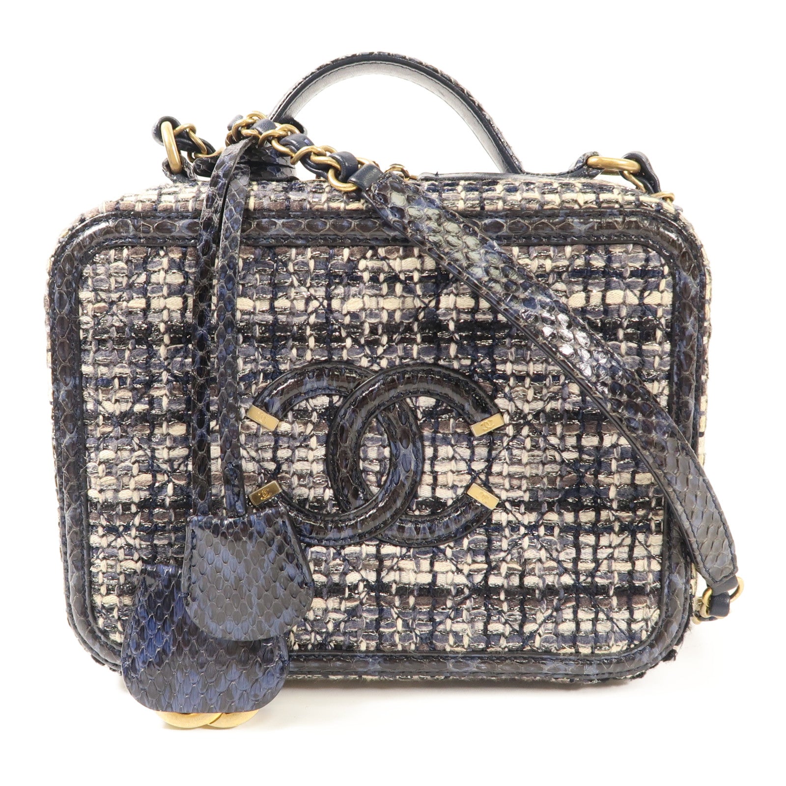 CHANEL 粗花呢/蛇皮皮革Vanity Case金扣手挽肩背兩用袋