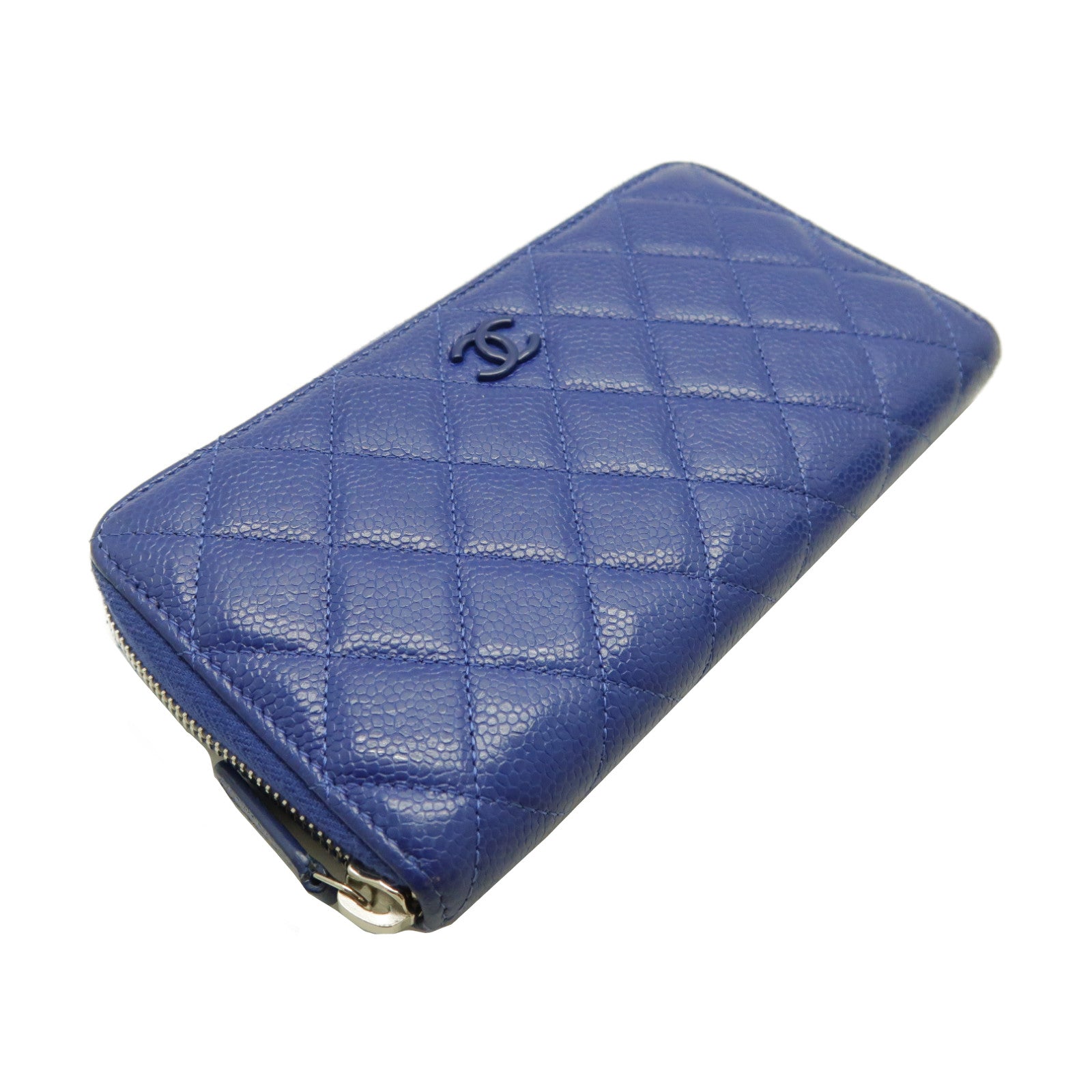 CHANEL 菱格Caviar皮革Long Wallet銀扣長錢包藍色