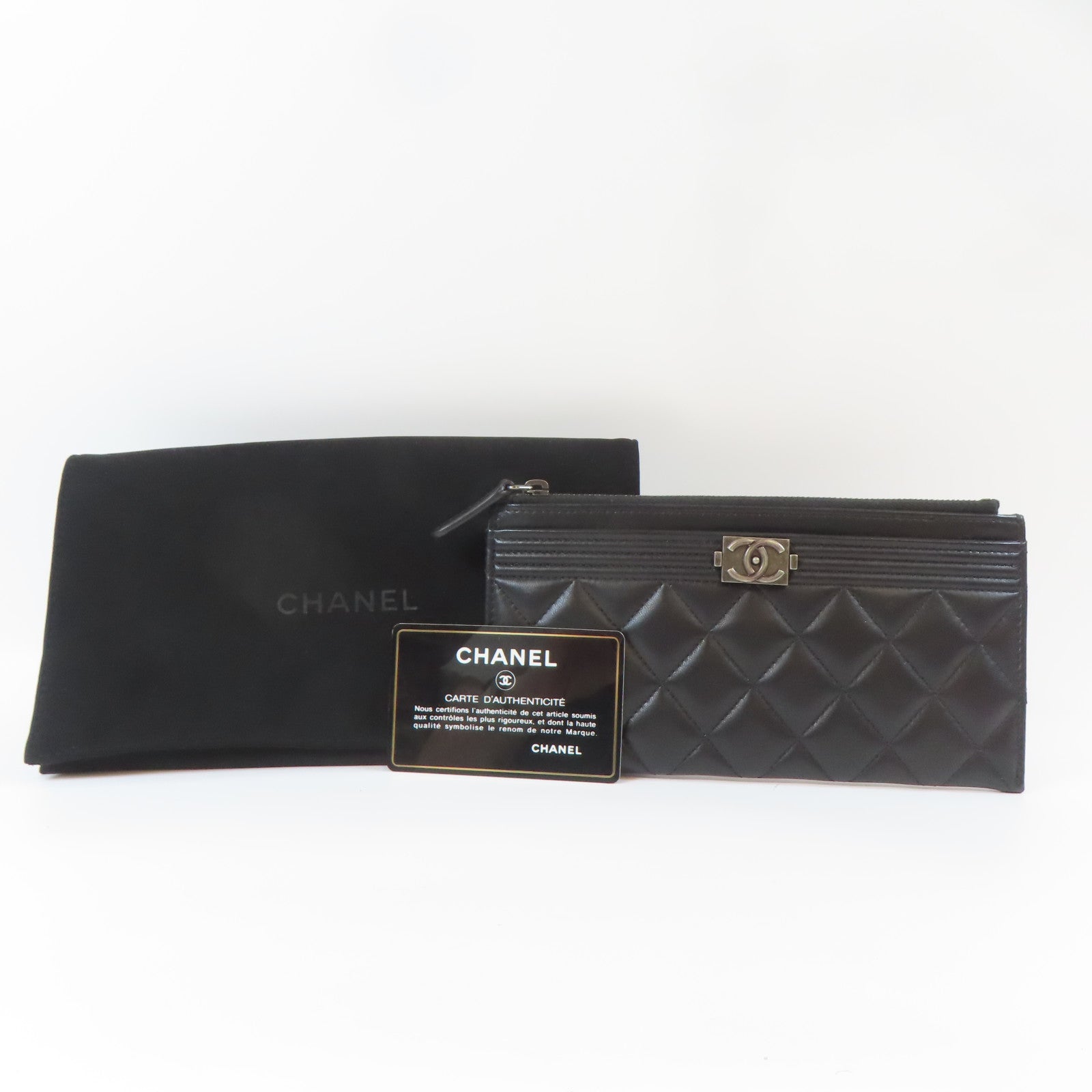 CHANEL 菱格羊皮皮革Boy Wallet銀扣長錢包黑色
