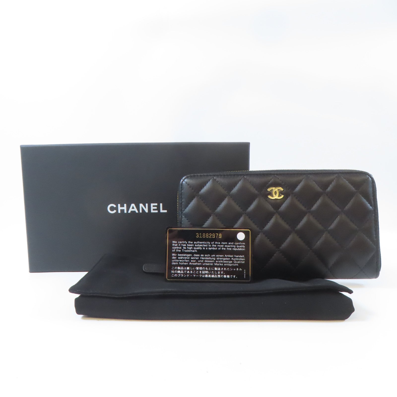 CHANEL 菱格羊皮皮革Zipper Long Wallet金扣長錢包黑色