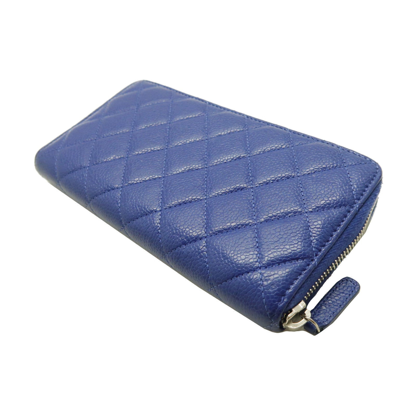 CHANEL 菱格Caviar皮革Long Wallet銀扣長錢包藍色