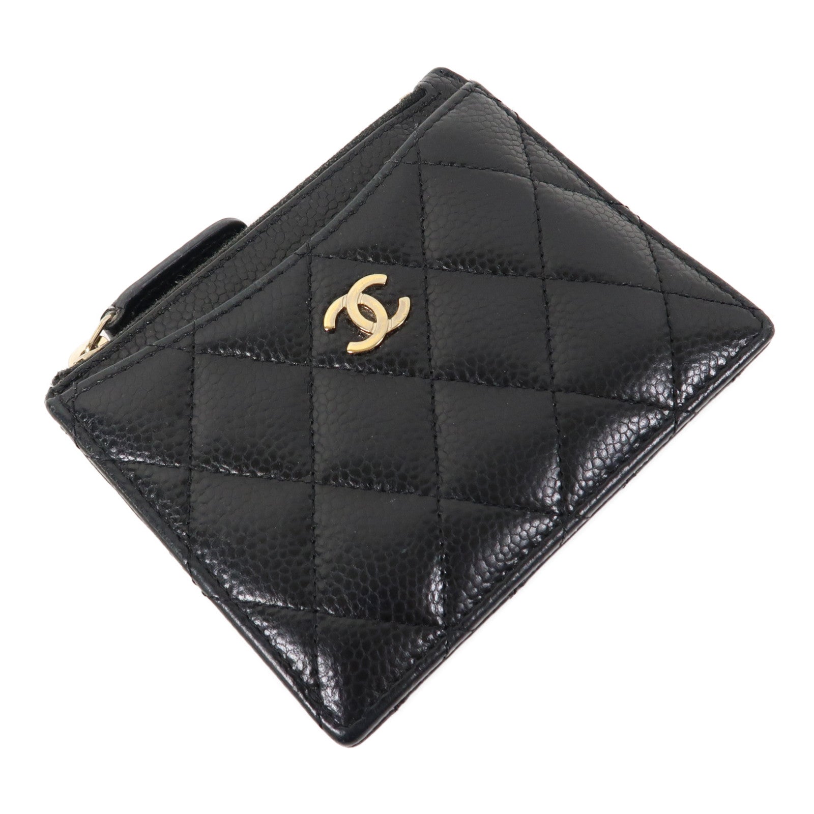 CHANEL 菱格Caviar皮革Card Case金扣卡片套黑色