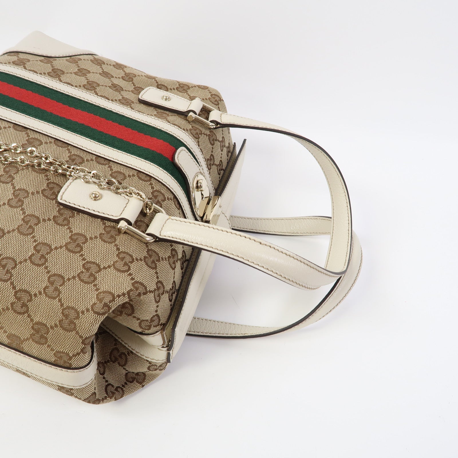 GUCCI 帆布/皮革Hand Bag金扣手挽袋啡色/白色