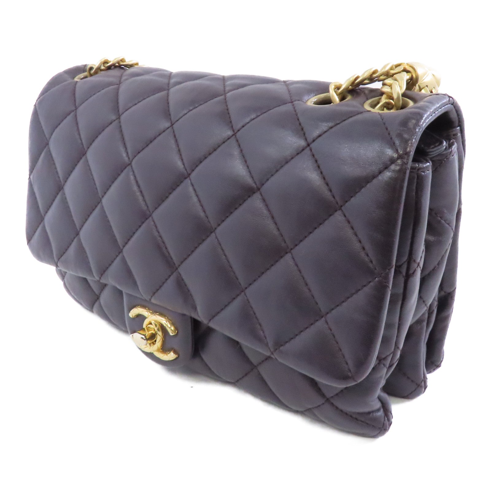 CHANEL 菱格羊皮皮革Chain Shoulder Bag金扣鏈帶肩背袋啡色