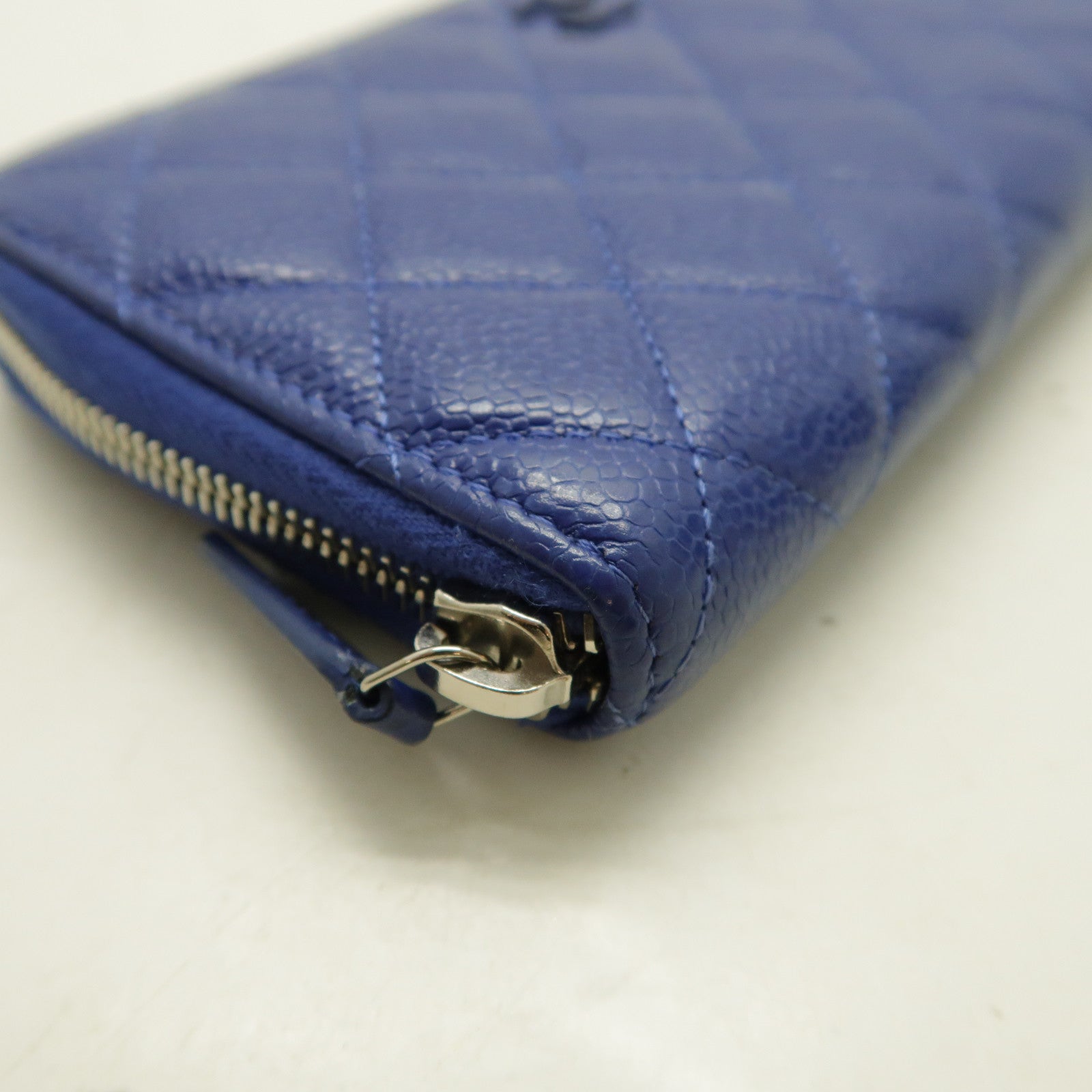 CHANEL 菱格Caviar皮革Long Wallet銀扣長錢包藍色