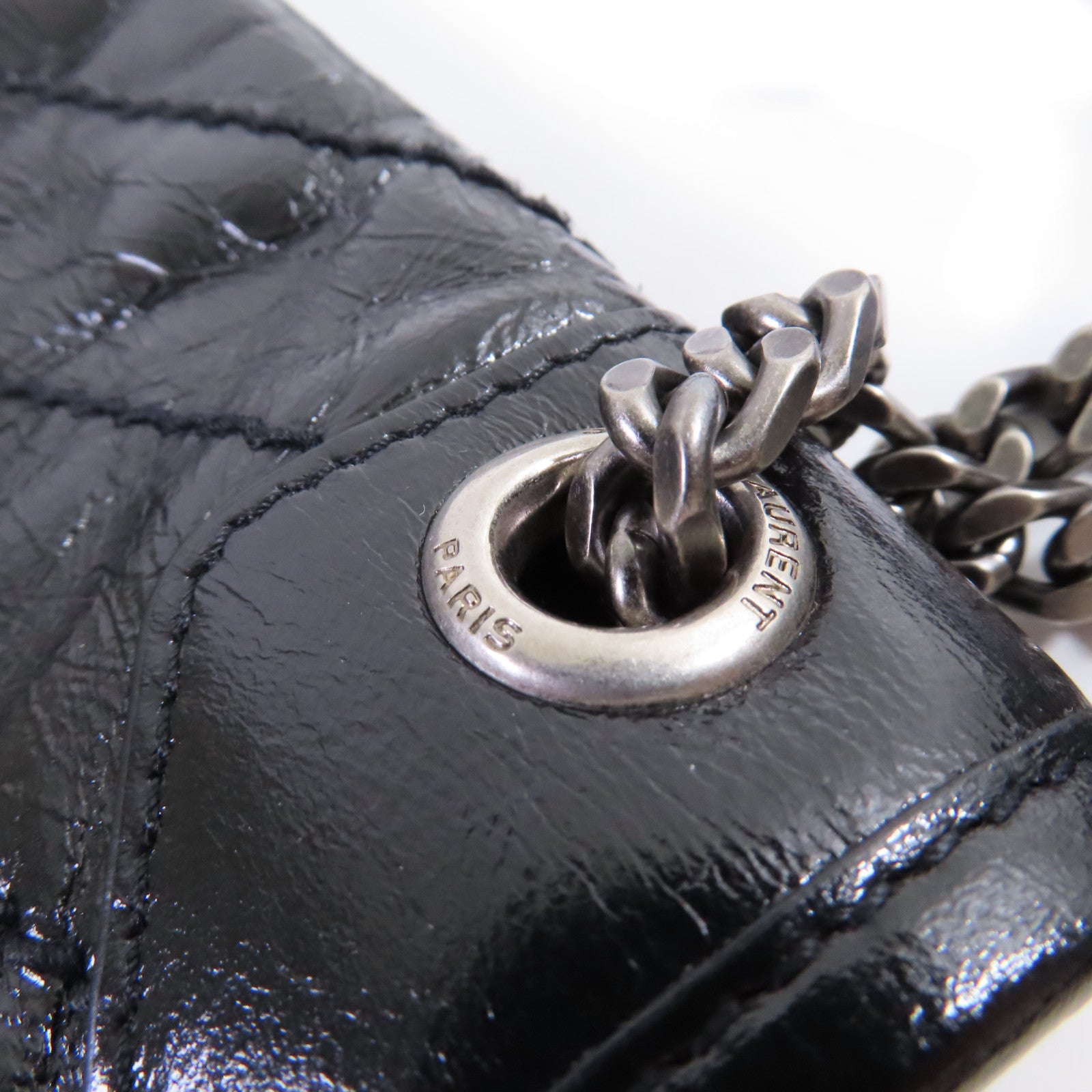 SAINT LAURENT 斜紋皮革Niki Baby Chain Shoulder Bag銀扣鏈帶肩背袋黑色