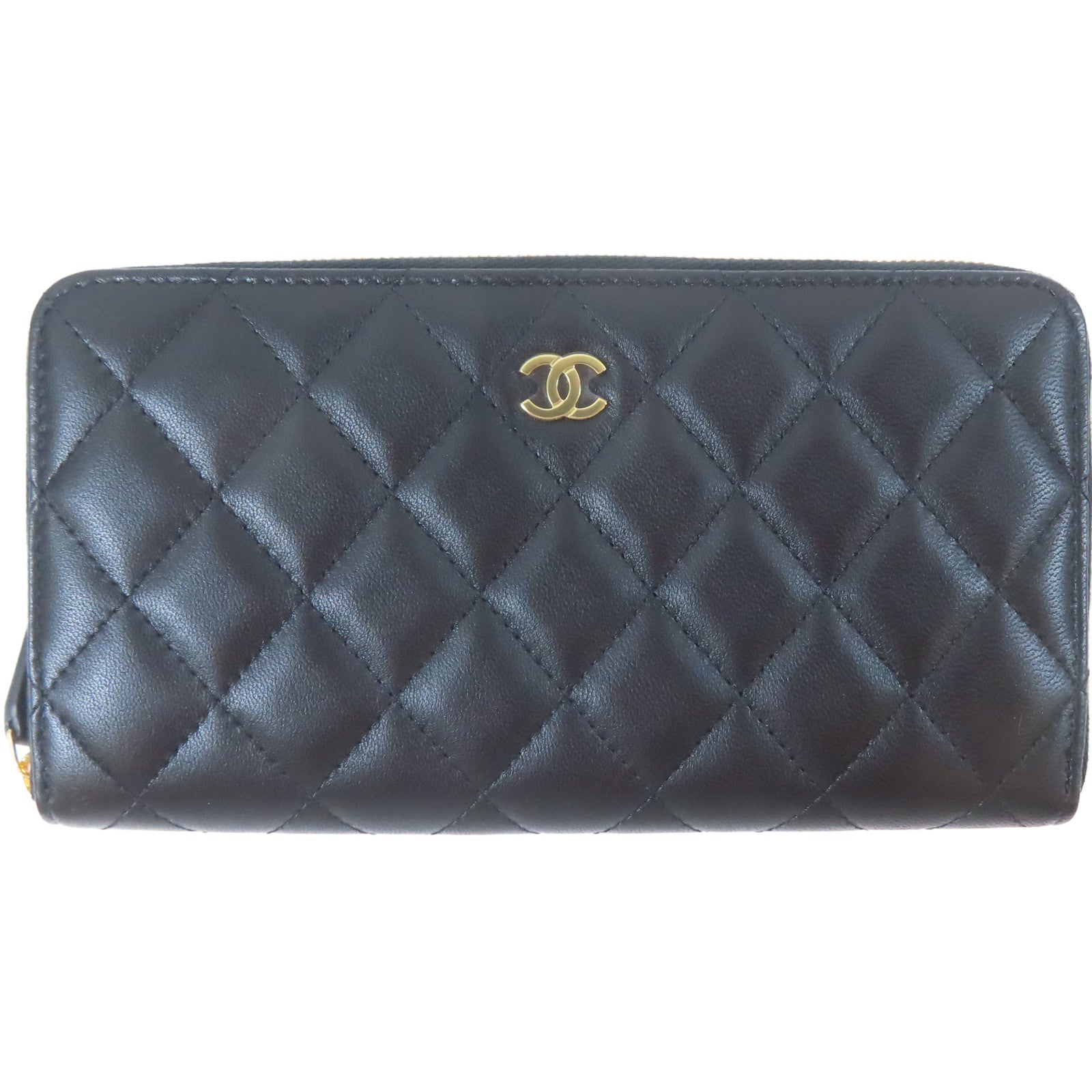 CHANEL 菱格羊皮皮革Zipper Long Wallet金扣長錢包黑色