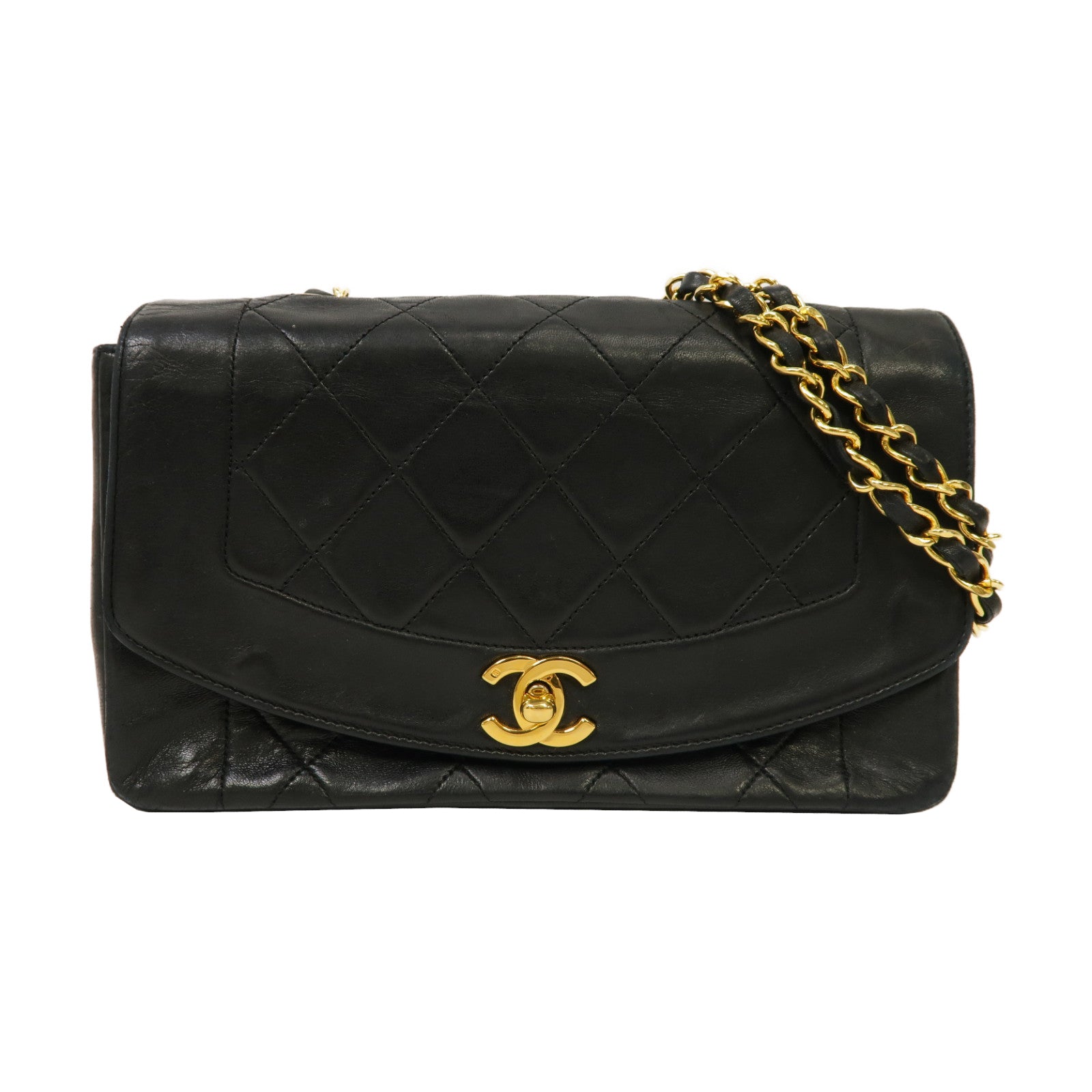 CHANEL 菱格羊皮皮革Vintage Diana Bag金扣鏈帶肩背袋黑色