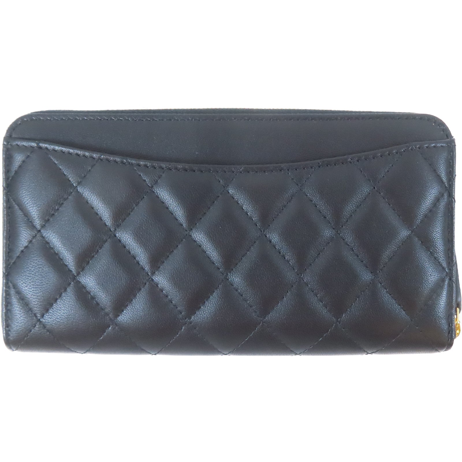 CHANEL 菱格羊皮皮革Zipper Long Wallet金扣長錢包黑色