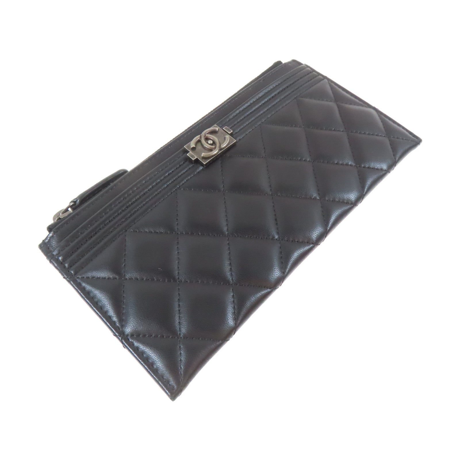CHANEL 菱格羊皮皮革Boy Wallet銀扣長錢包黑色