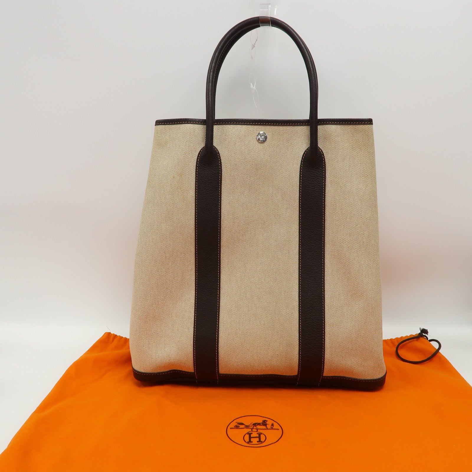 HERMES Toile H帆布Garden File MM銀扣手挽袋啡色/米色