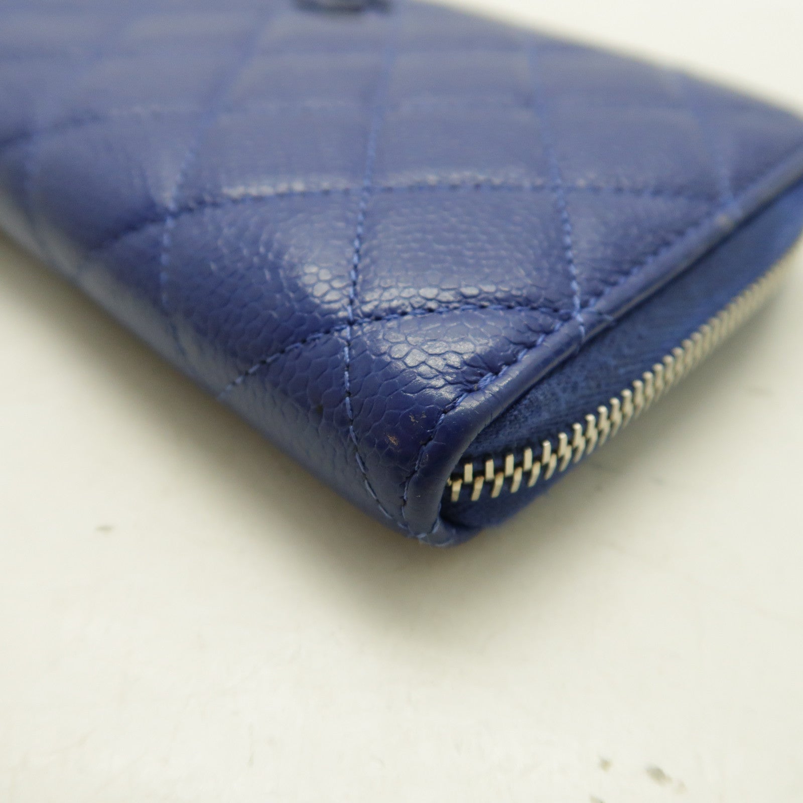 CHANEL 菱格Caviar皮革Long Wallet銀扣長錢包藍色