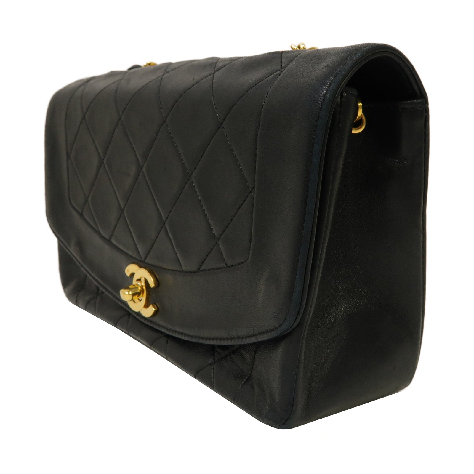 CHANEL 菱格羊皮皮革Vintage Diana Bag金扣鏈帶肩背袋黑色