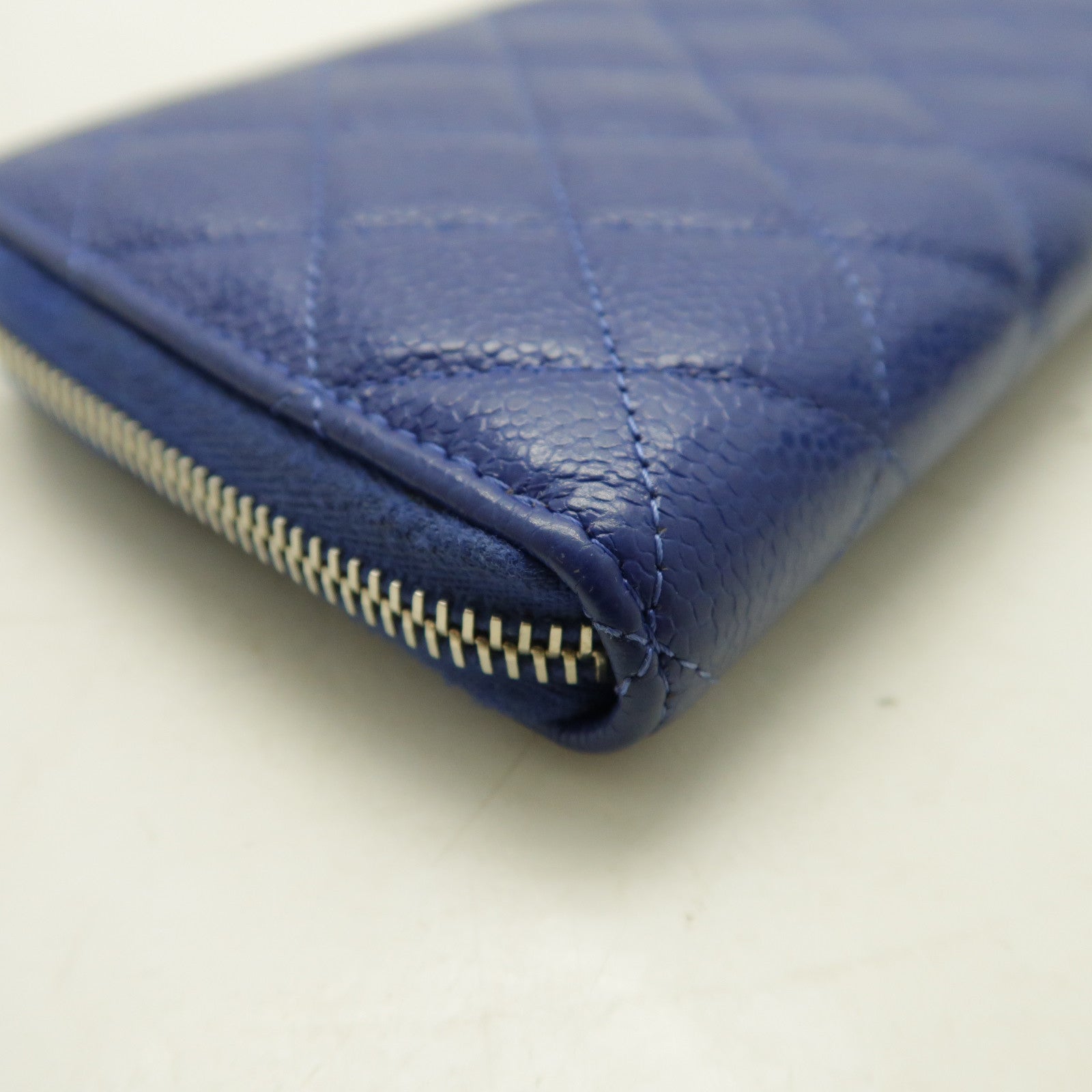 CHANEL 菱格Caviar皮革Long Wallet銀扣長錢包藍色