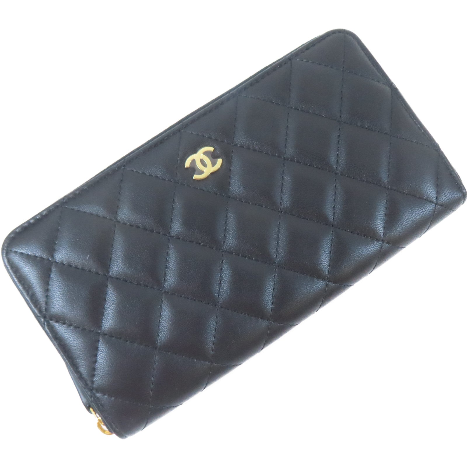 CHANEL 菱格羊皮皮革Zipper Long Wallet金扣長錢包黑色