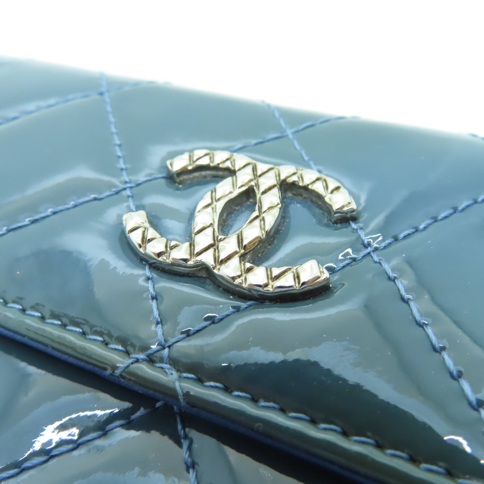 CHANEL 【激減優惠】菱格漆皮皮革Long Wallet金扣長錢包藍色