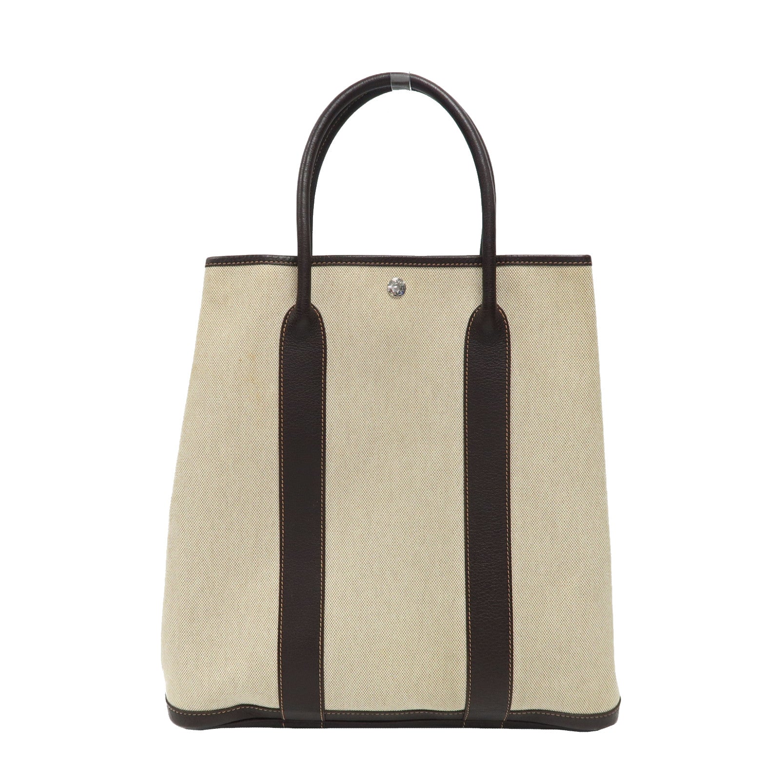 HERMES Toile H帆布Garden File MM銀扣手挽袋啡色/米色