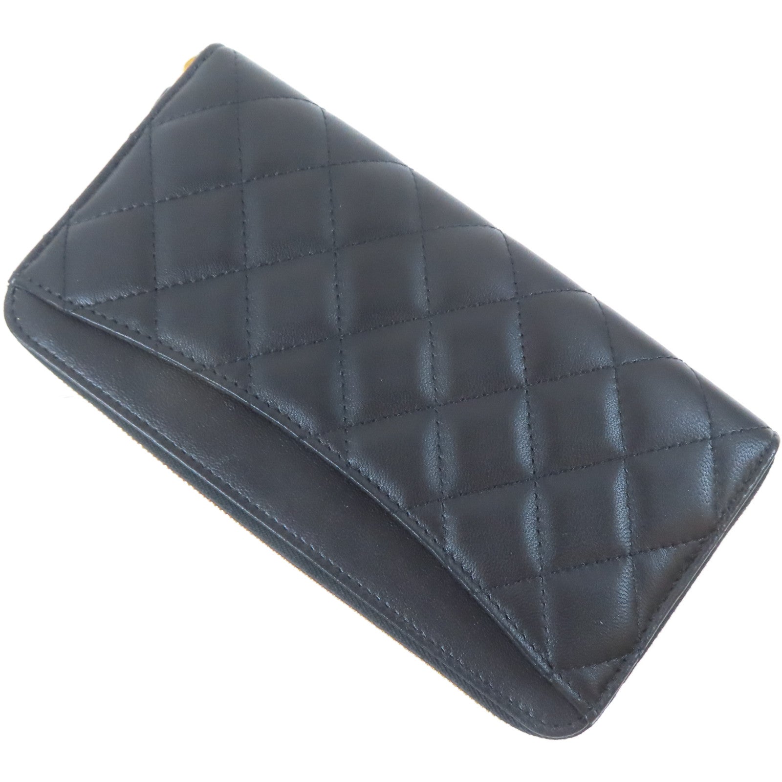 CHANEL 菱格羊皮皮革Zipper Long Wallet金扣長錢包黑色